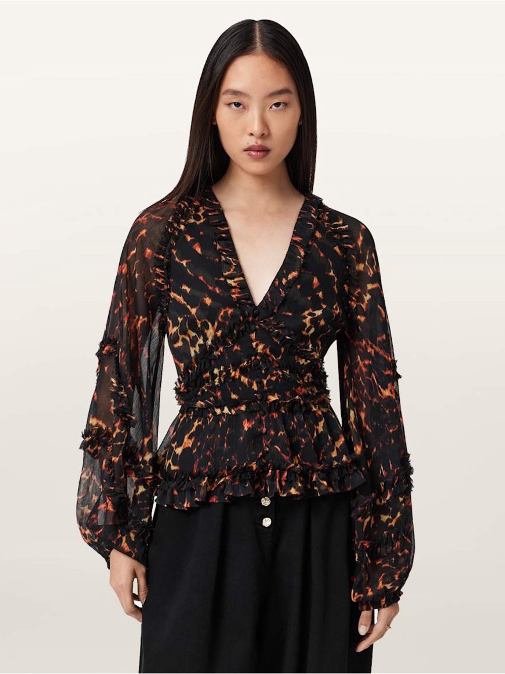 NWT the AllSaints Silvie Ruffled Top in the Pardus Flame Brown Sz 6